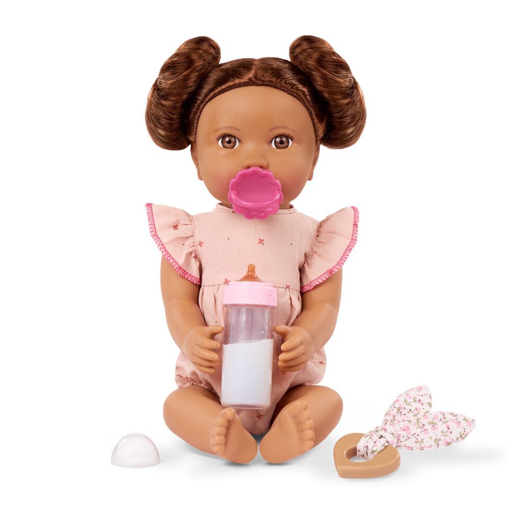Brunette Doll with Bottle - Baby Doll with Brown Hair & Eyes - Bottle Accessory with Disappearing Milk - Toys for Kids Ages 2 Years + - LullaBaby UK
