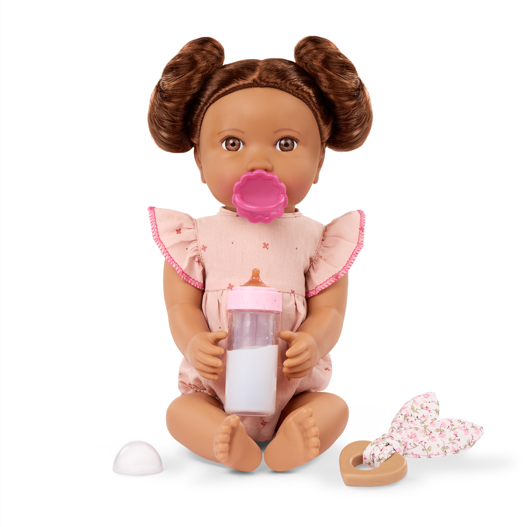 Brunette Doll with Bottle - Baby Doll with Brown Hair & Eyes - Bottle Accessory with Disappearing Milk - Toys for Kids Ages 2 Years + - LullaBaby UK