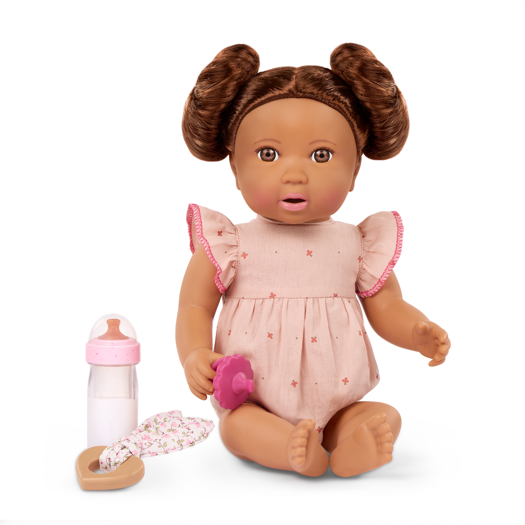 Brunette Doll with Bottle - Baby Doll with Brown Hair & Eyes - Bottle Accessory with Disappearing Milk - Toys for Kids Ages 2 Years + - LullaBaby UK