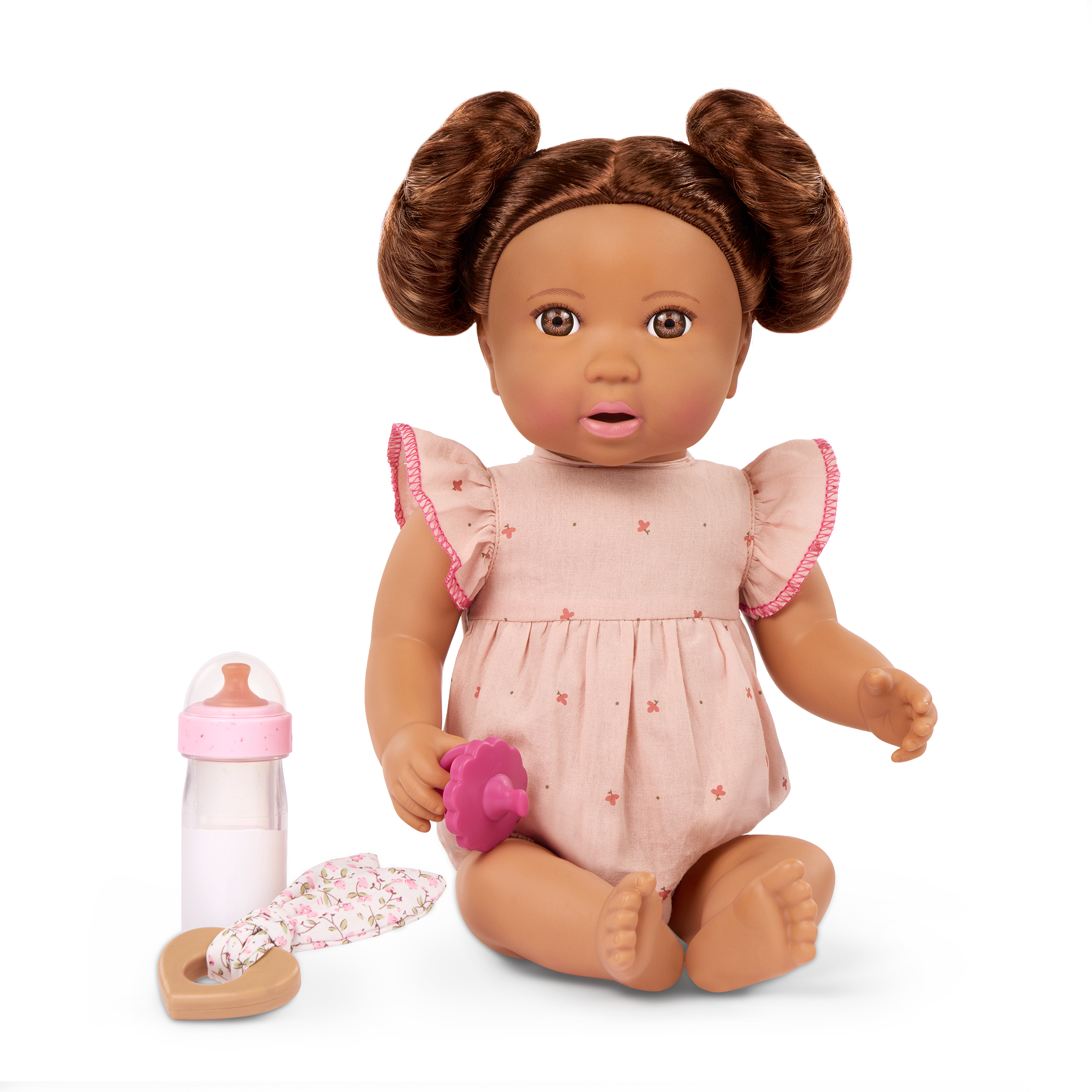 Brunette Doll with Bottle - Baby Doll with Brown Hair & Eyes - Bottle Accessory with Disappearing Milk - Toys for Kids Ages 2 Years + - LullaBaby UK