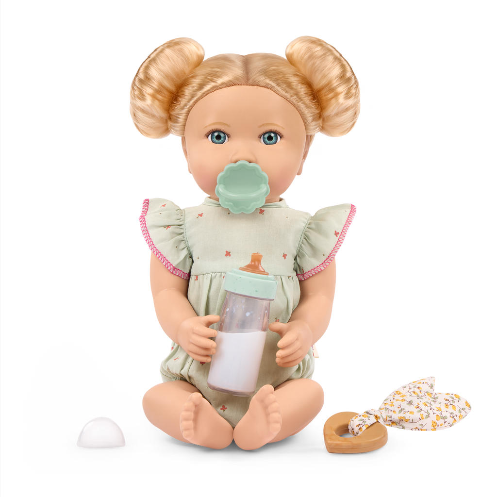 Blonde Baby Doll & Bottle - 36cm Baby Doll with Blonde Hair & Blue Eyes - Bottle with Disappearing Milk - Gift Ideas for Kids Ages 2 Years +- LullaBaby Dolls UK