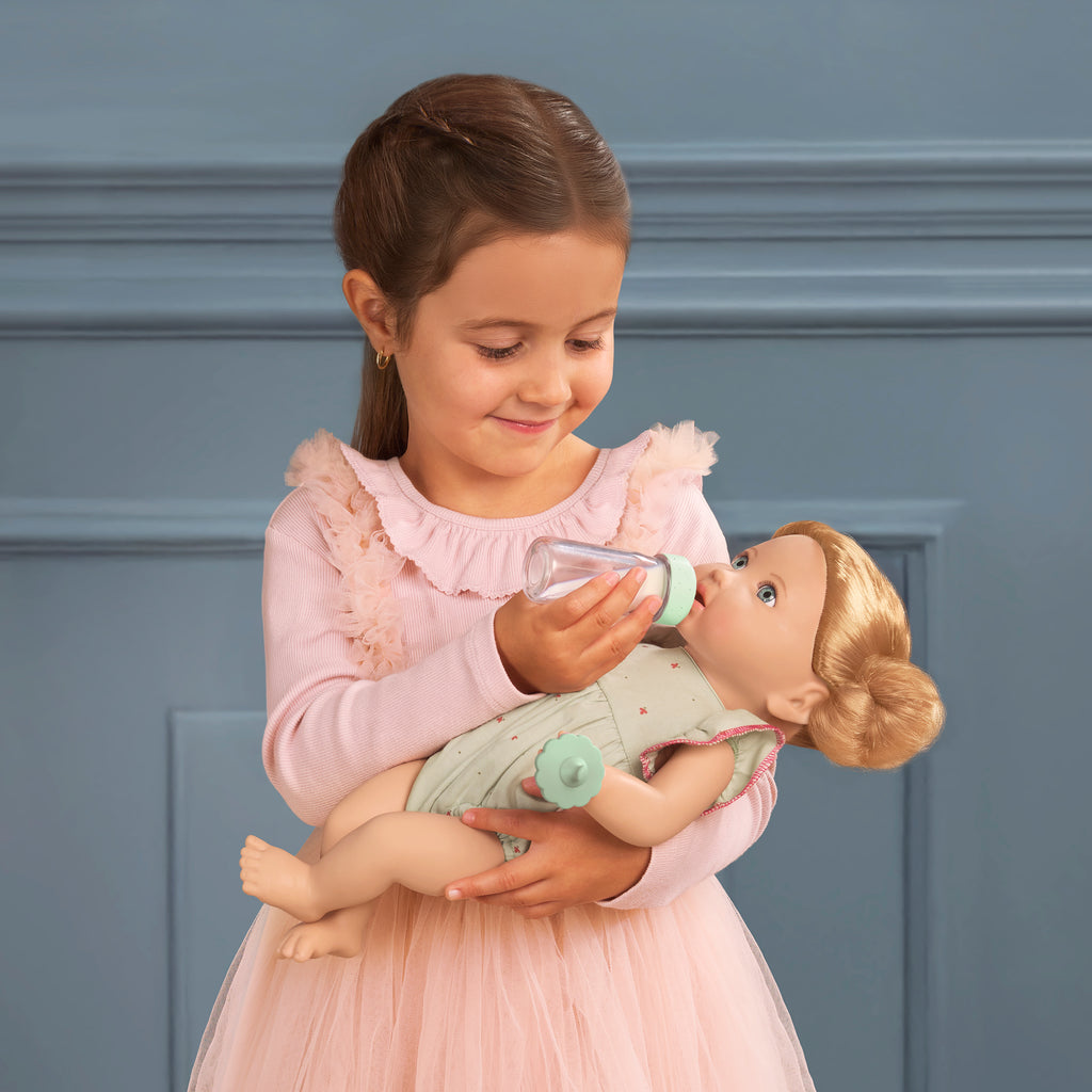 Blonde Baby Doll & Bottle - 36cm Baby Doll with Blonde Hair & Blue Eyes - Bottle with Disappearing Milk - Gift Ideas for Kids Ages 2 Years +- LullaBaby Dolls UK