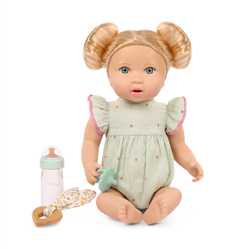 Blonde Baby Doll & Bottle - 36cm Baby Doll with Blonde Hair & Blue Eyes - Bottle with Disappearing Milk - Gift Ideas for Kids Ages 2 Years +- LullaBaby Dolls UK