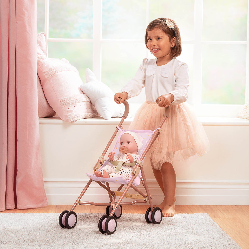 Baby Doll Pram in Pink with Golden Star Print - 36cm Baby Doll Accessory - LullaBaby Dolls