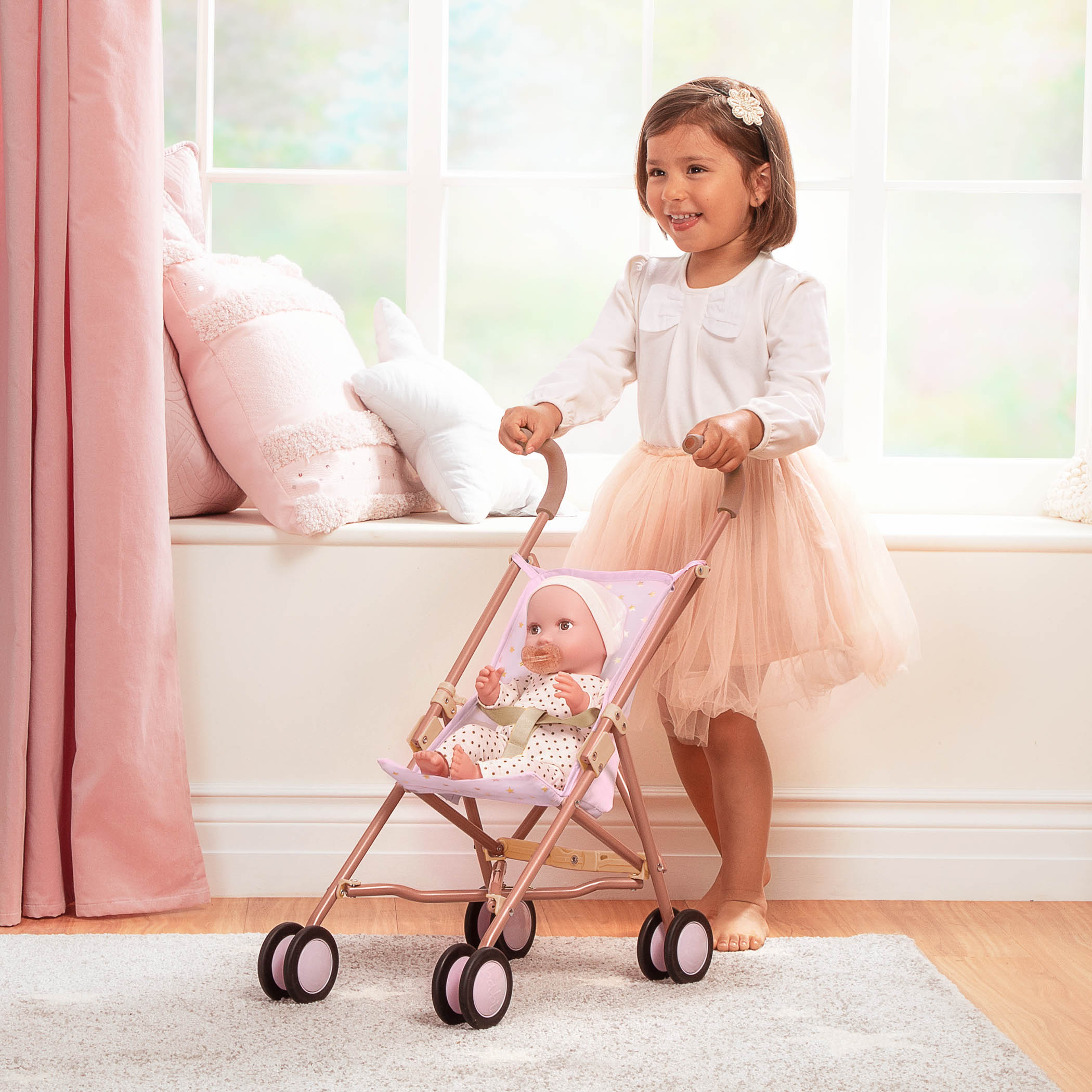 Baby Doll Pram in Pink with Golden Star Print - 36cm Baby Doll Accessory - LullaBaby Dolls