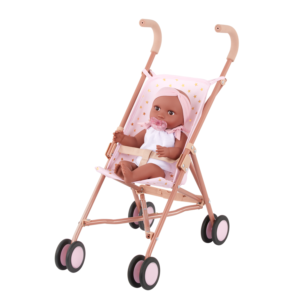 Baby Doll Pram in Pink with Golden Star Print - 36cm Baby Doll Accessory - LullaBaby Dolls