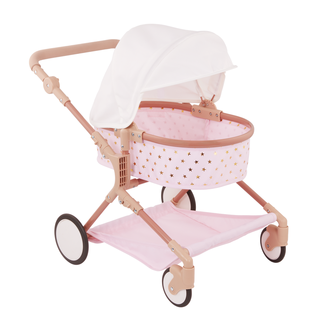 Double Doll Pram - Pink Pram with Gold Stars - Pram for Two Baby Dolls - Accessories for Baby Dolls - LullaBaby UK