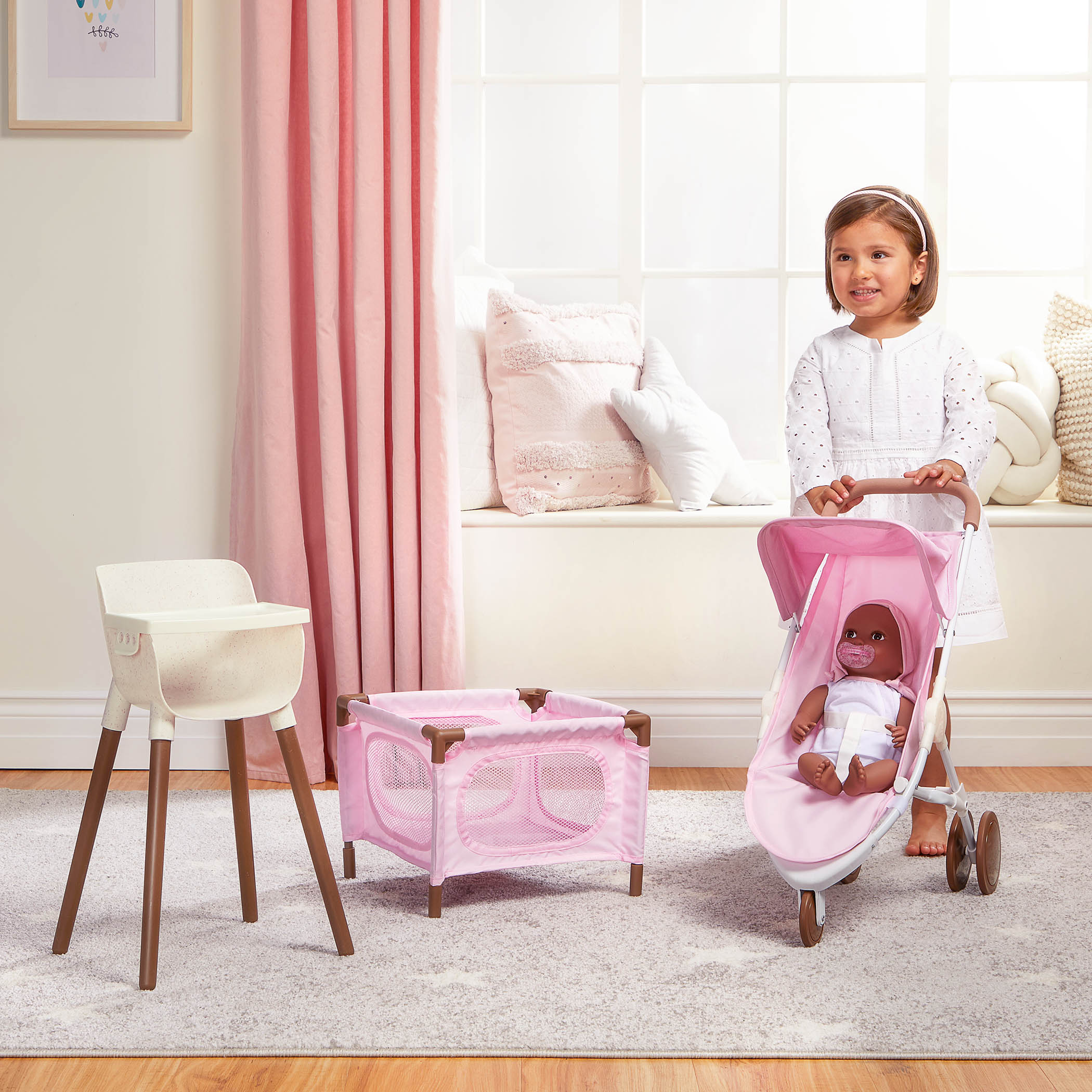 LullaBaby Doll Nursery Playset - Ivory & Pink Accessories - Highchair, Jogger Pram & Playpen - Accessories for 36cm Baby Dolls - LullaBaby UK