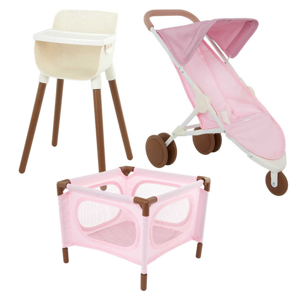 LullaBaby Doll Nursery Playset - Ivory & Pink Accessories - Highchair, Jogger Pram & Playpen - Accessories for 36cm Baby Dolls - LullaBaby UK