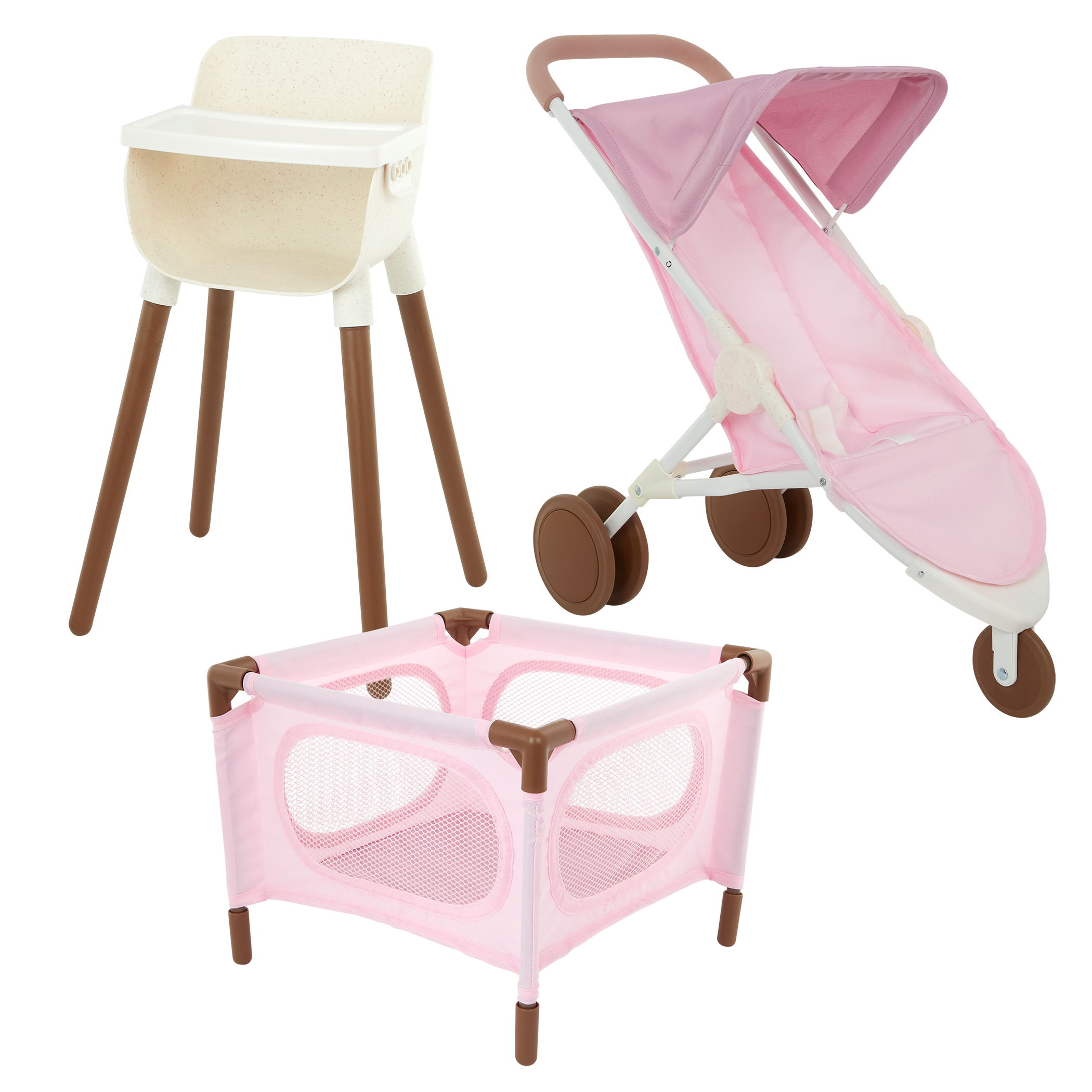 LullaBaby Doll Nursery Playset - Ivory & Pink Accessories - Highchair, Jogger Pram & Playpen - Accessories for 36cm Baby Dolls - LullaBaby UK