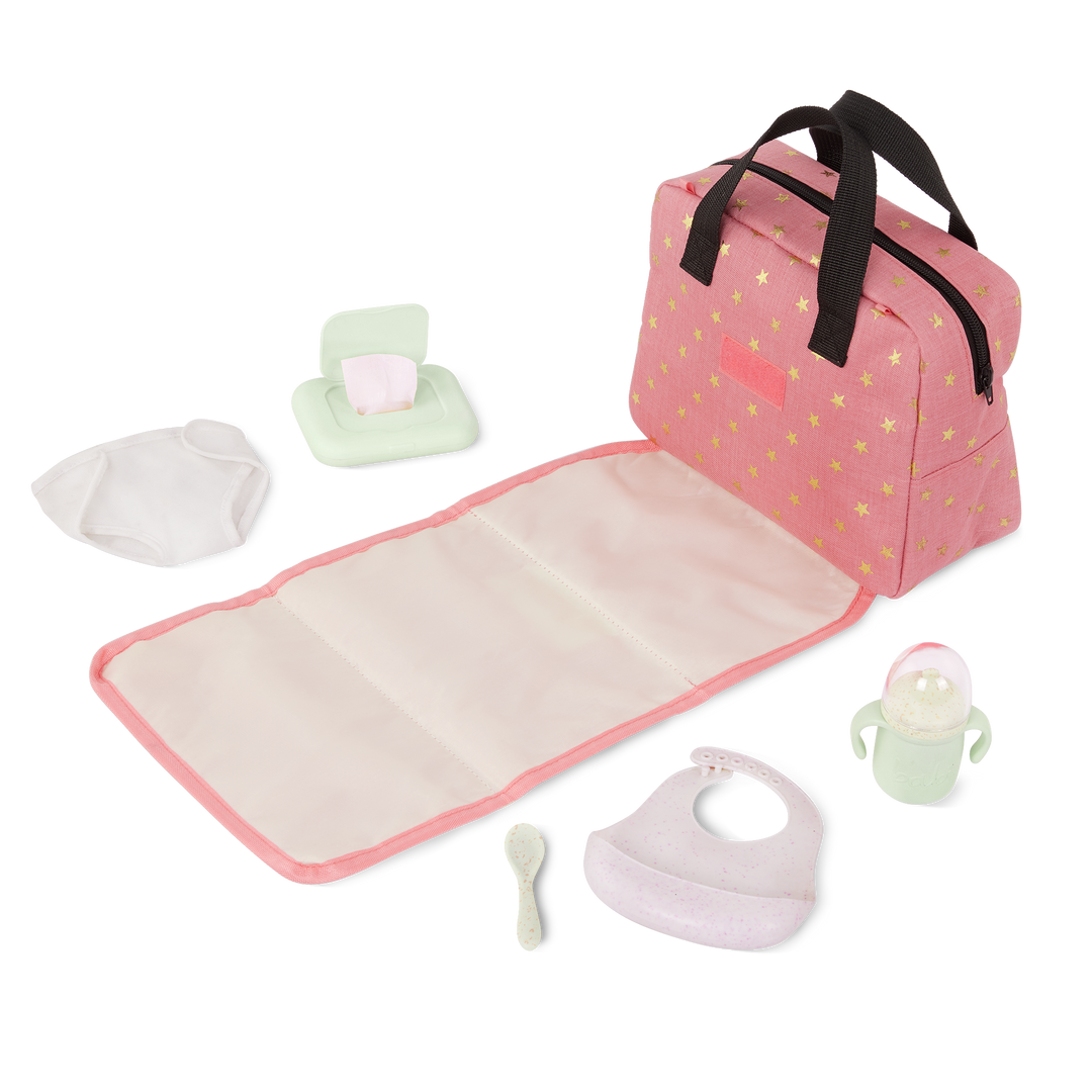 Baby Doll Nappy Bag Set - Pink Bag with Gold Stars & Changing Accessories - Baby Doll Playsets - LullaBaby UK
