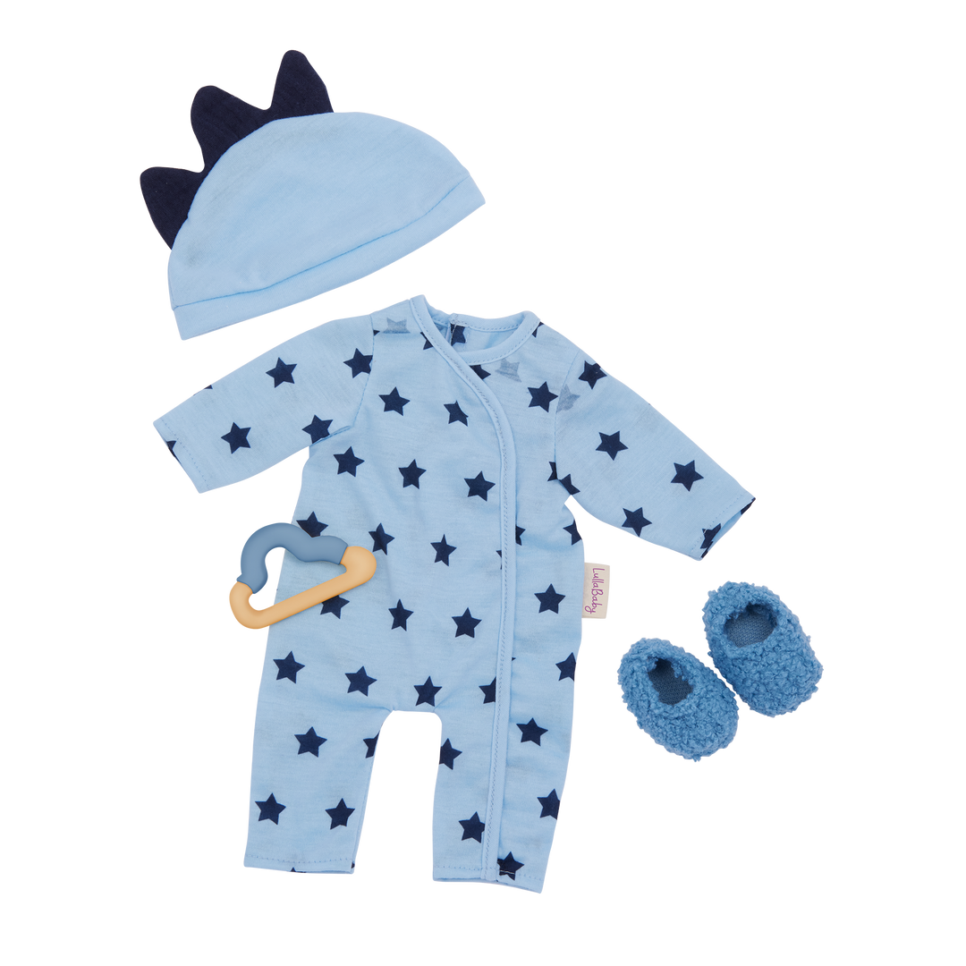 Baby Boy Doll Pyjama Outfit - Blue Start Onesie, Hair, Slippers & Teether - Outfit for Boy Baby Doll - LullaBaby