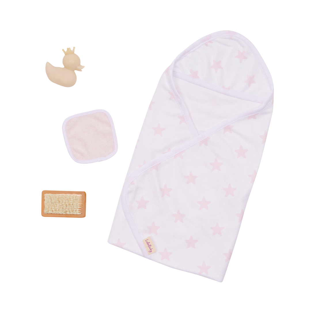Baby Doll Bathtime Outfit - Towel with Pink Stars & Bath Accessories - LullaBaby UK