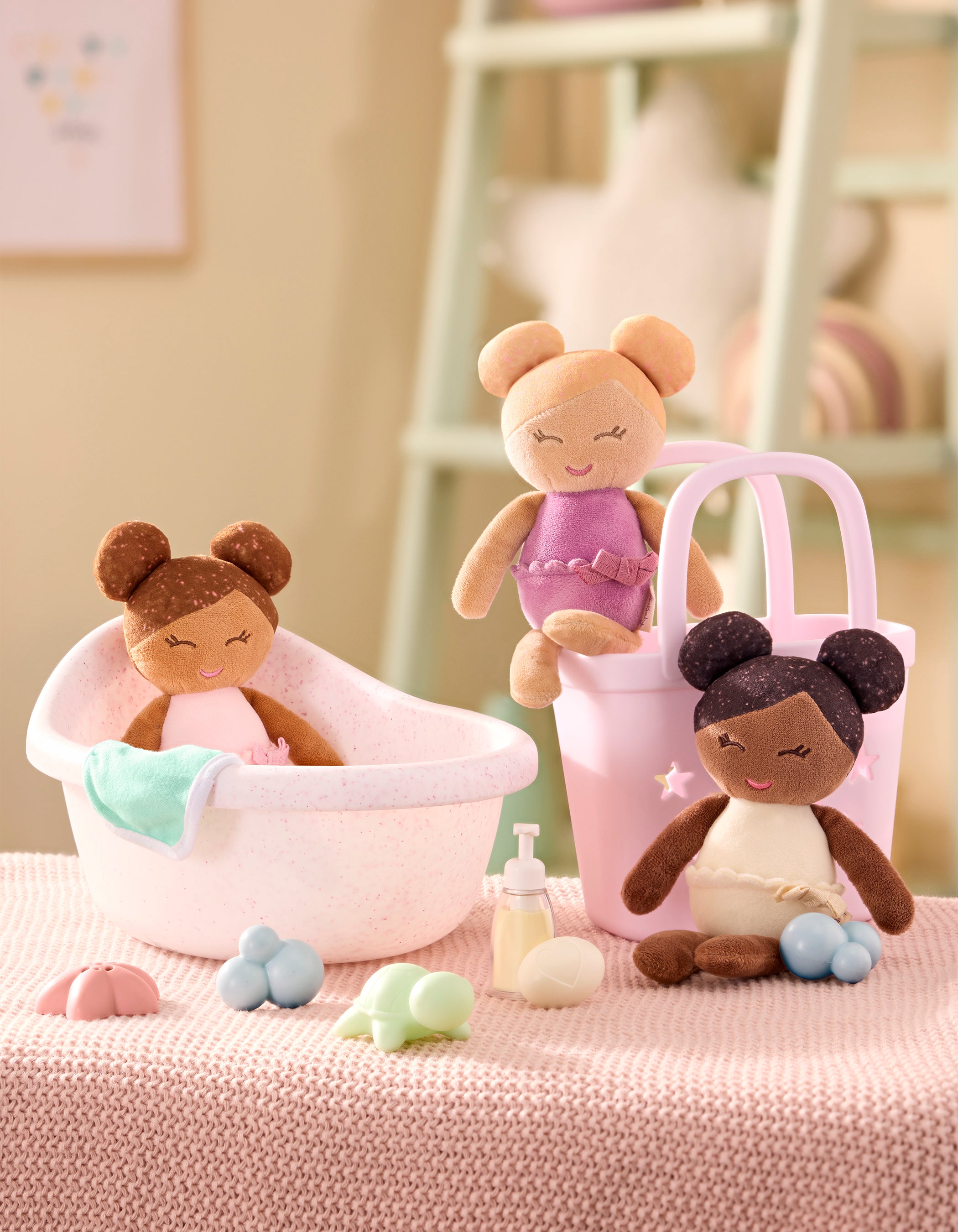 Bath Dolls Bundle - Set of 3 Bath Dolls in Pink Basket - Bath Toys for Kids - Gifts for Ages 2 Years + - LullaBaby Dolls