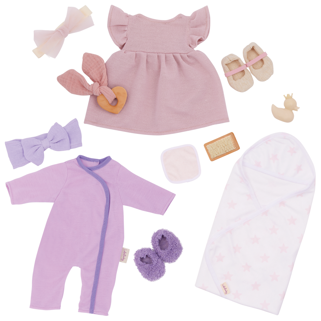Baby Doll Clothing Sets - 3 Outfits for Baby Girl Doll - Dress, Pyjama Set & Bath Towel - Clothes for Baby Dolls - LullaBaby