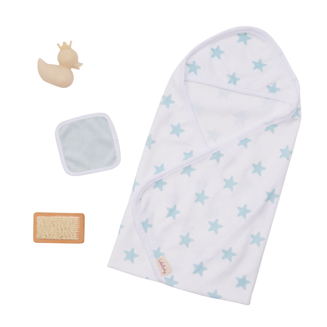 Baby Doll Bathtime Outfit - Towel with Blue Stars & Bathing Accessories - LullaBaby UK