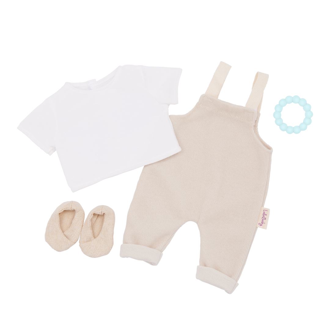 Boy Baby Doll Outfit - Boy Doll Outfit with Beige Dungarees & Accessories - Baby Doll Clothes - LullaBaby