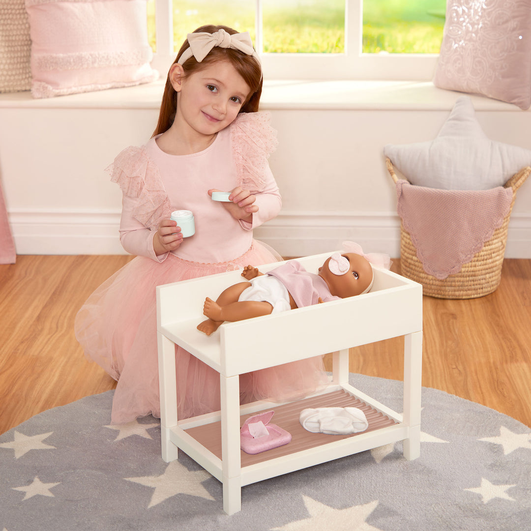Baby Doll Changing Table - Accessories for Baby Doll - White Changing Table with Accessories - LullaBaby Dolls UK