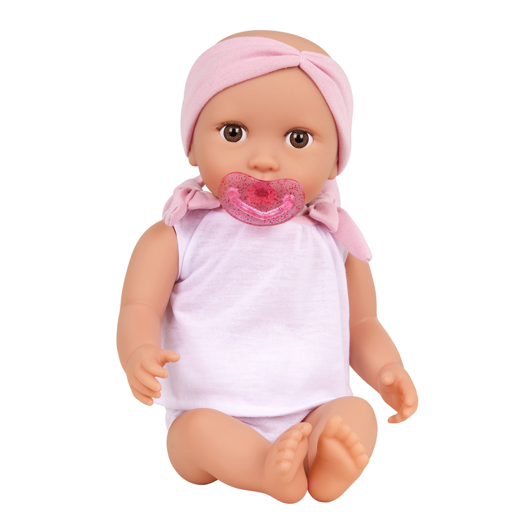 Doll & Double Stroller Set - 36cm Baby Doll with Brown Eyes - Double Doll Pram in Pink & Gold Star Print - Baby Doll Accessories - LullaBaby UK