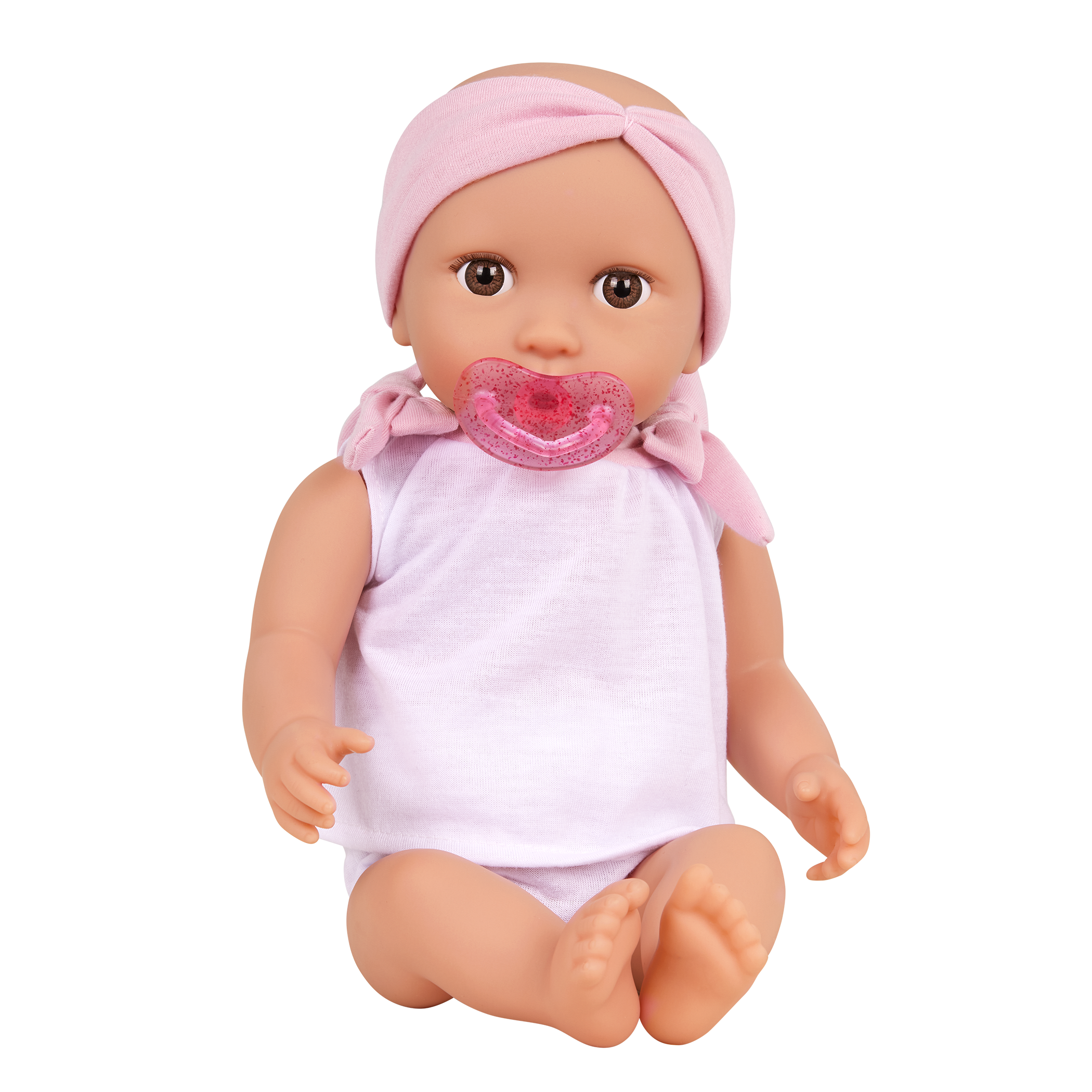 Doll & Double Stroller Set - 36cm Baby Doll with Brown Eyes - Double Doll Pram in Pink & Gold Star Print - Baby Doll Accessories - LullaBaby UK