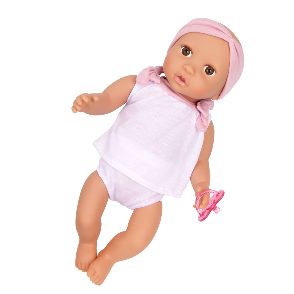 Doll & Double Stroller Set - 36cm Baby Doll with Brown Eyes - Double Doll Pram in Pink & Gold Star Print - Baby Doll Accessories - LullaBaby UK