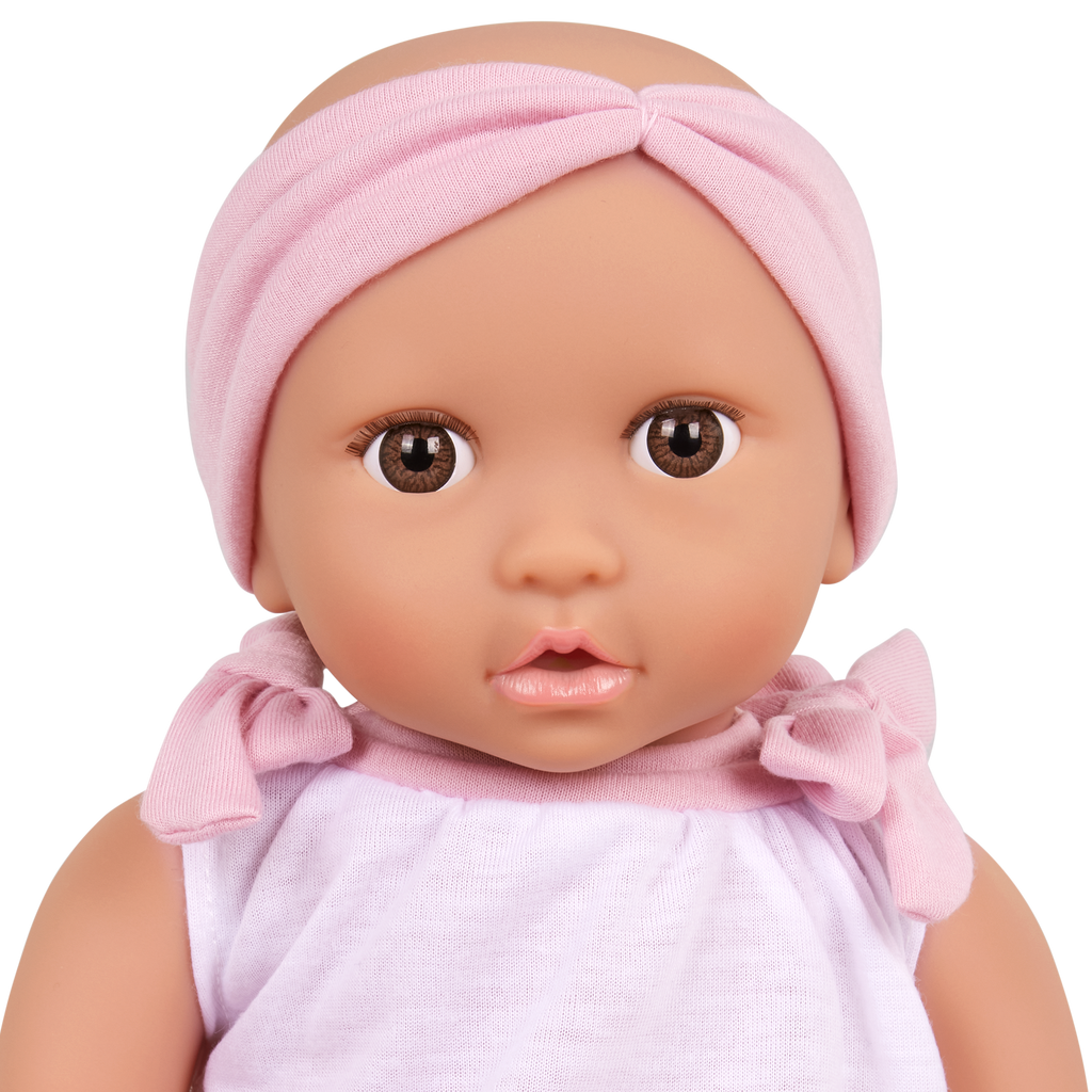 Doll & Double Stroller Set - 36cm Baby Doll with Brown Eyes - Double Doll Pram in Pink & Gold Star Print - Baby Doll Accessories - LullaBaby UK