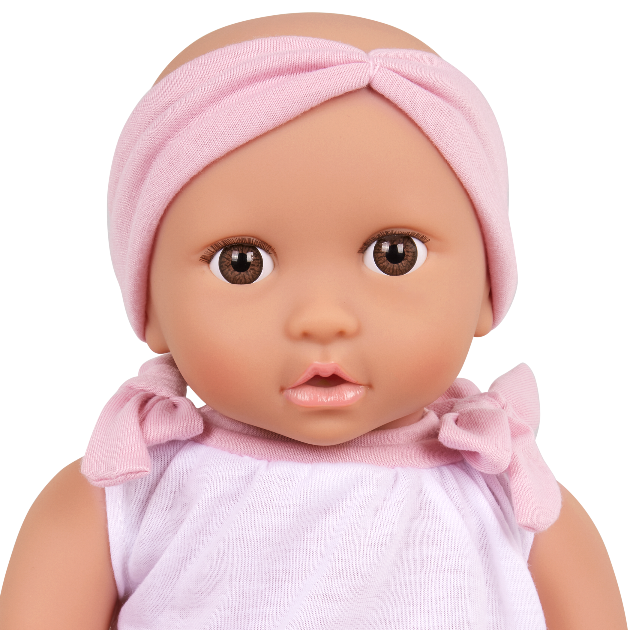 Doll & Double Stroller Set - 36cm Baby Doll with Brown Eyes - Double Doll Pram in Pink & Gold Star Print - Baby Doll Accessories - LullaBaby UK