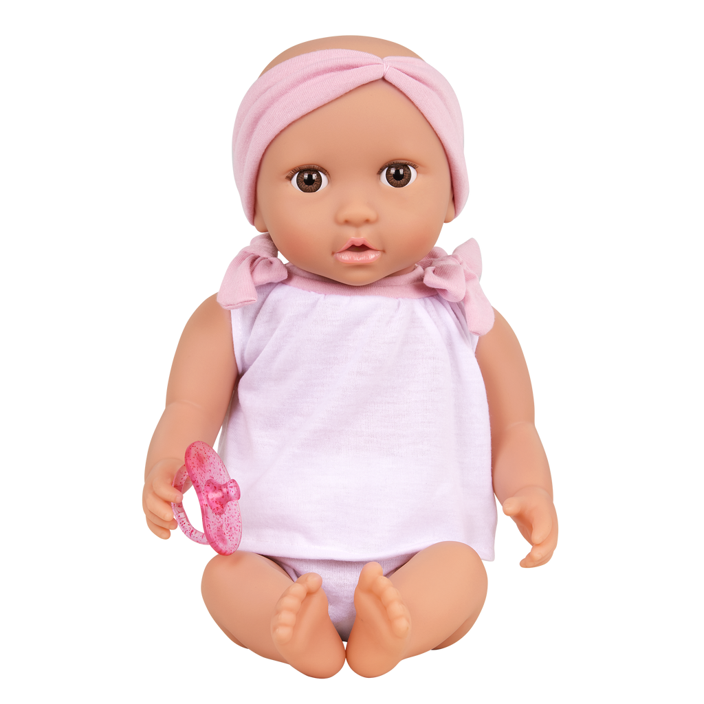 Doll & Double Stroller Set - 36cm Baby Doll with Brown Eyes - Double Doll Pram in Pink & Gold Star Print - Baby Doll Accessories - LullaBaby UK