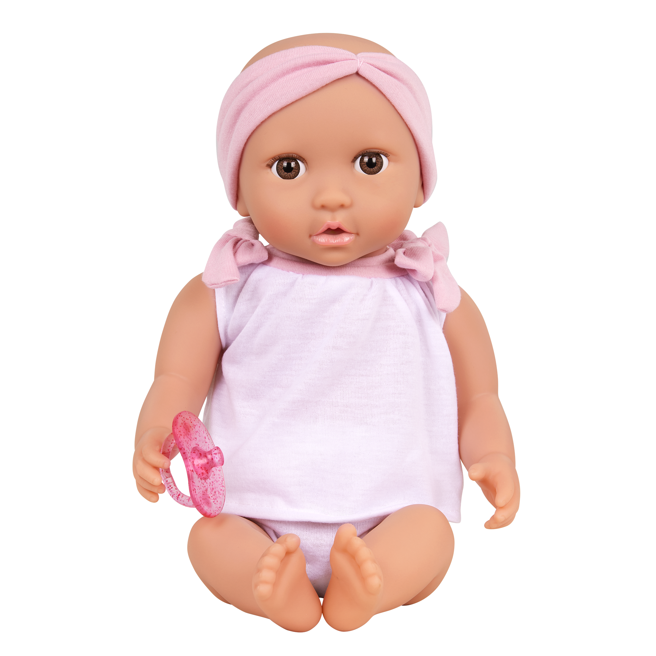 Doll & Double Stroller Set - 36cm Baby Doll with Brown Eyes - Double Doll Pram in Pink & Gold Star Print - Baby Doll Accessories - LullaBaby UK