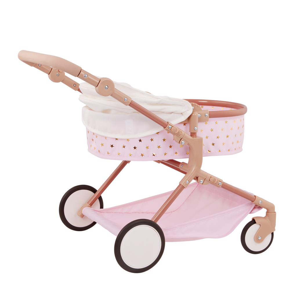 Doll & Double Stroller Set - 36cm Baby Doll with Brown Eyes - Double Doll Pram in Pink & Gold Star Print - Baby Doll Accessories - LullaBaby UK