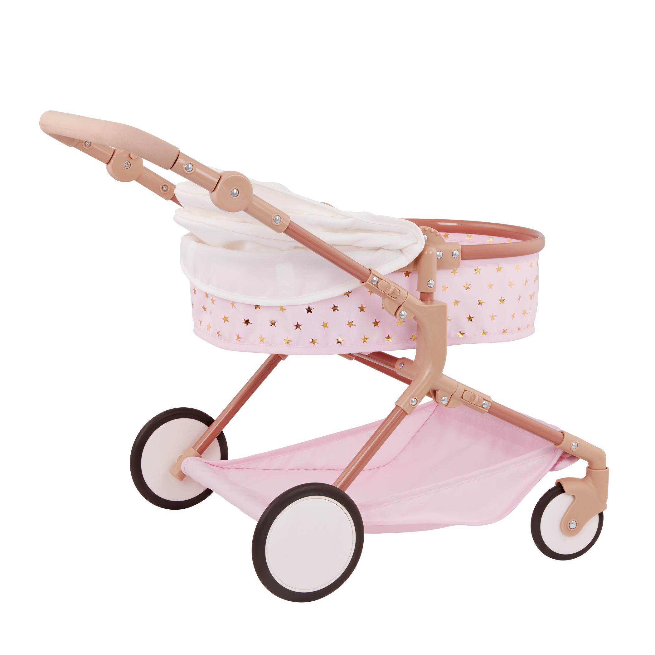 Doll & Double Stroller Set - 36cm Baby Doll with Brown Eyes - Double Doll Pram in Pink & Gold Star Print - Baby Doll Accessories - LullaBaby UK