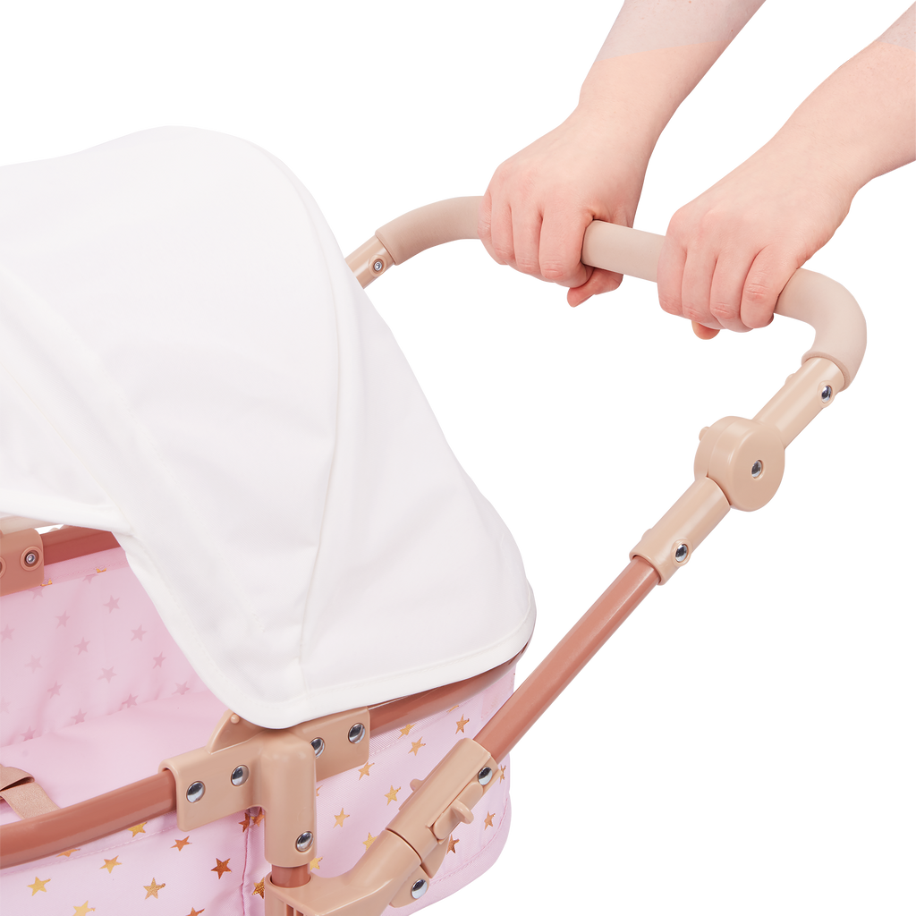 Doll & Double Stroller Set - 36cm Baby Doll with Brown Eyes - Double Doll Pram in Pink & Gold Star Print - Baby Doll Accessories - LullaBaby UK