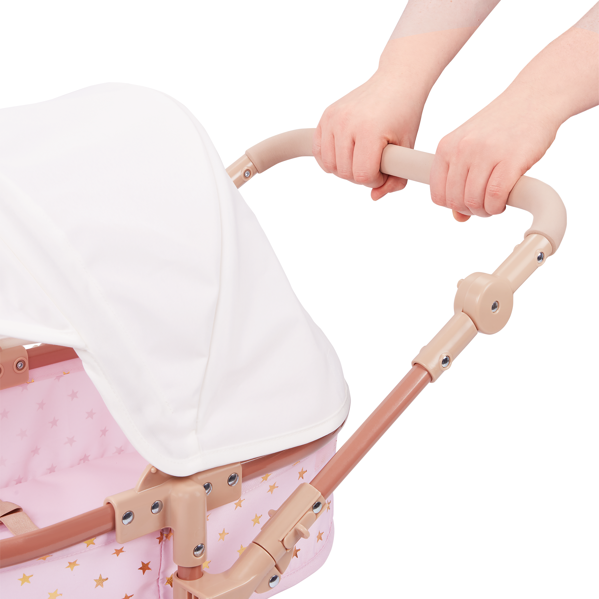 Doll & Double Stroller Set - 36cm Baby Doll with Brown Eyes - Double Doll Pram in Pink & Gold Star Print - Baby Doll Accessories - LullaBaby UK