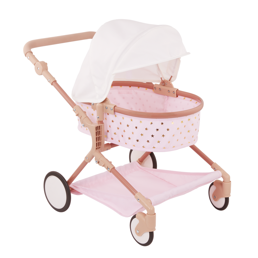 Doll & Double Stroller Set - 36cm Baby Doll with Brown Eyes - Double Doll Pram in Pink & Gold Star Print - Baby Doll Accessories - LullaBaby UK