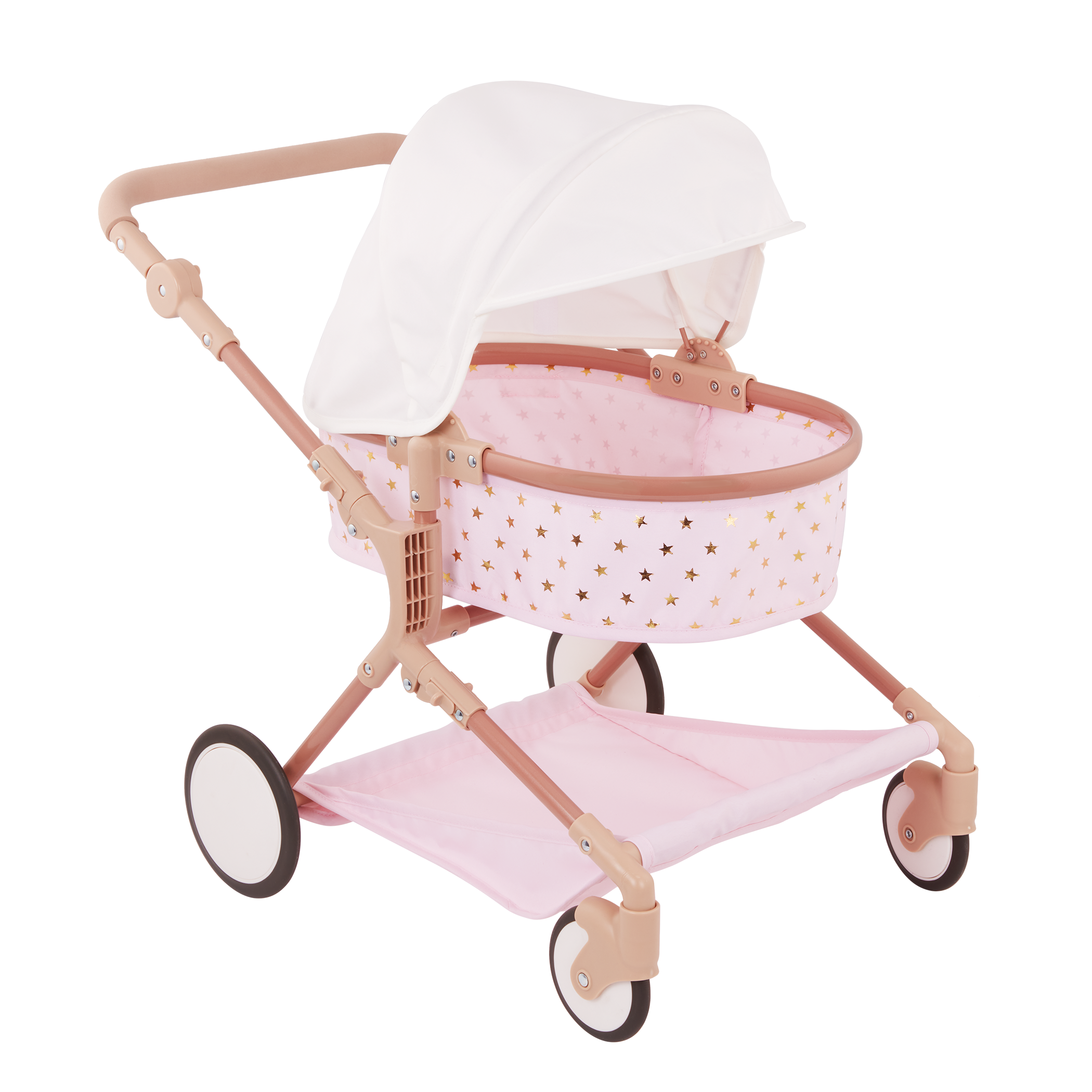 Doll & Double Stroller Set - 36cm Baby Doll with Brown Eyes - Double Doll Pram in Pink & Gold Star Print - Baby Doll Accessories - LullaBaby UK