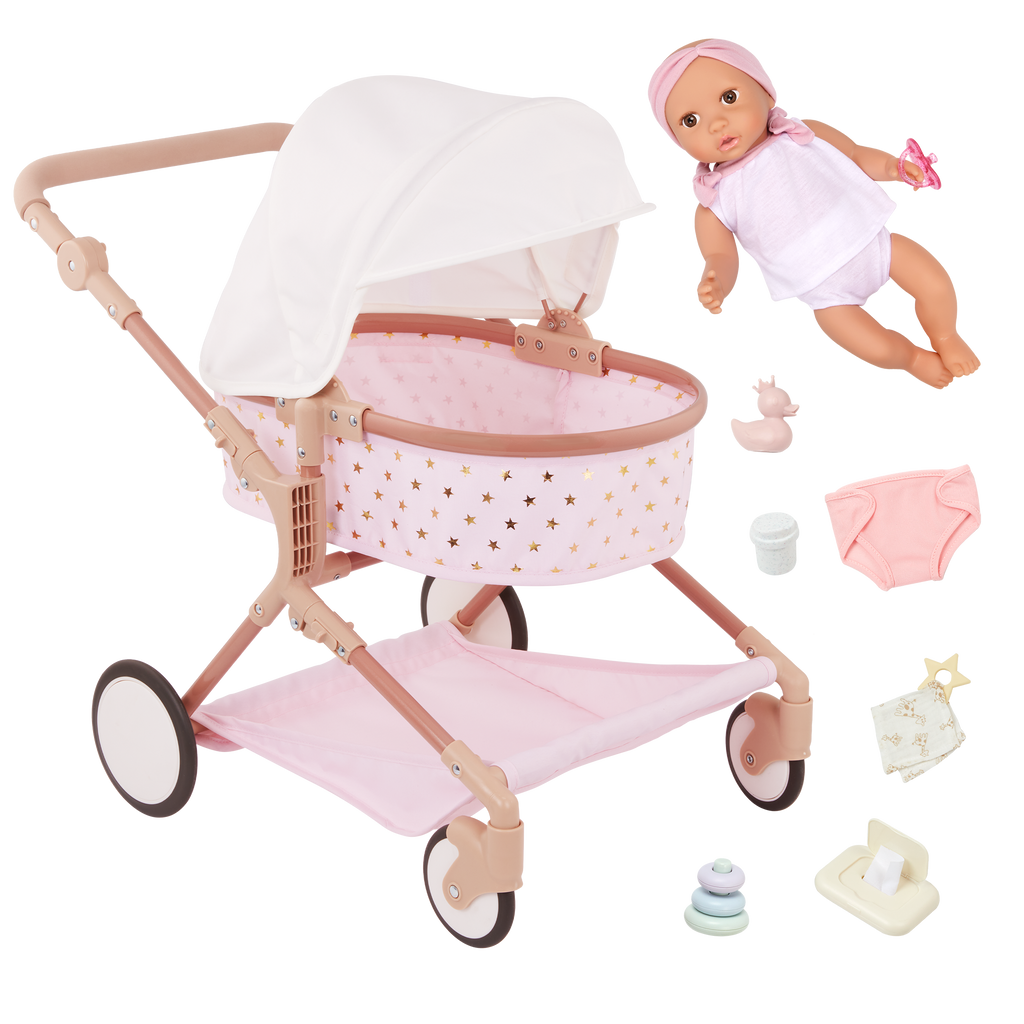Doll & Double Stroller Set - 36cm Baby Doll with Brown Eyes - Double Doll Pram in Pink & Gold Star Print - Baby Doll Accessories - LullaBaby UK