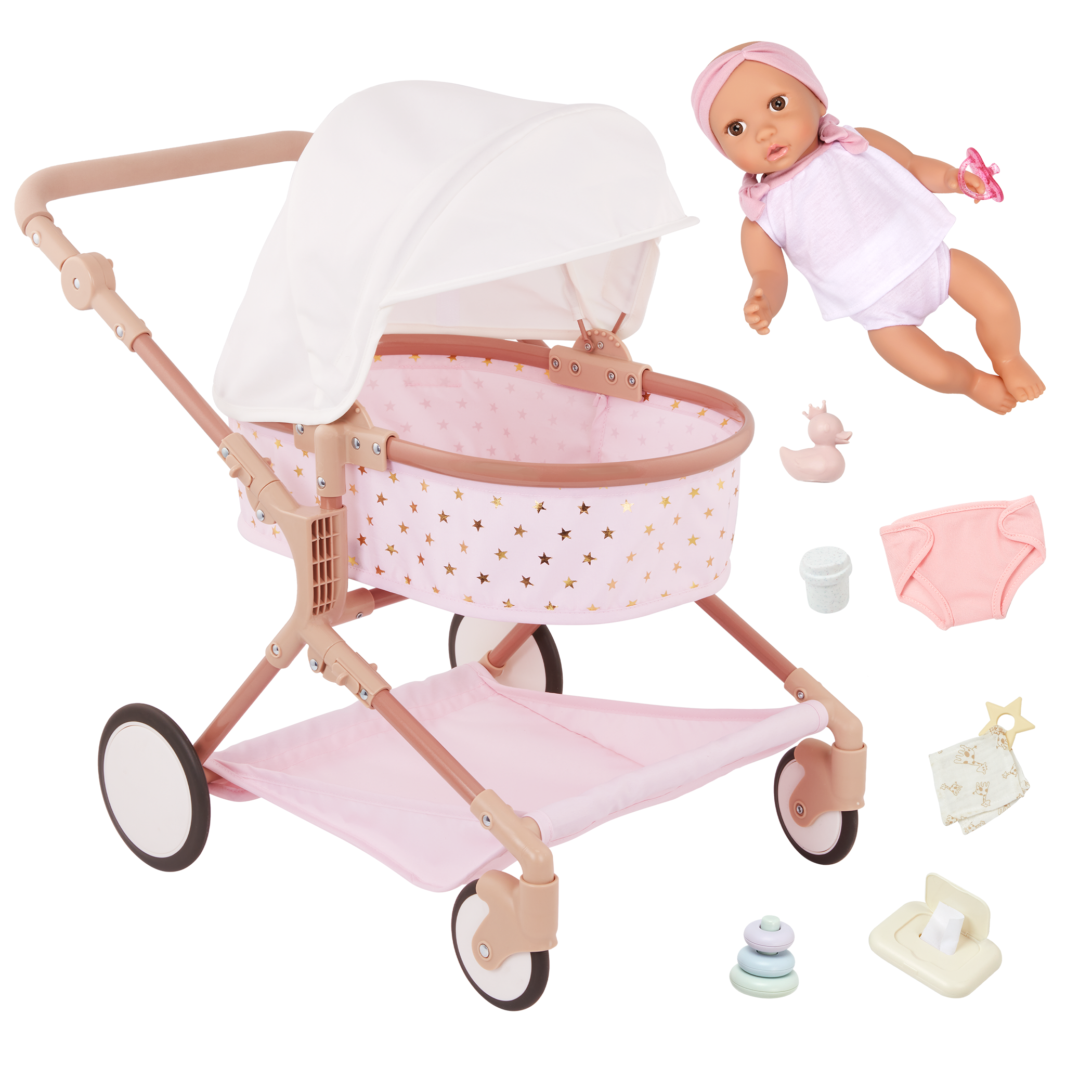 Doll & Double Stroller Set - 36cm Baby Doll with Brown Eyes - Double Doll Pram in Pink & Gold Star Print - Baby Doll Accessories - LullaBaby UK