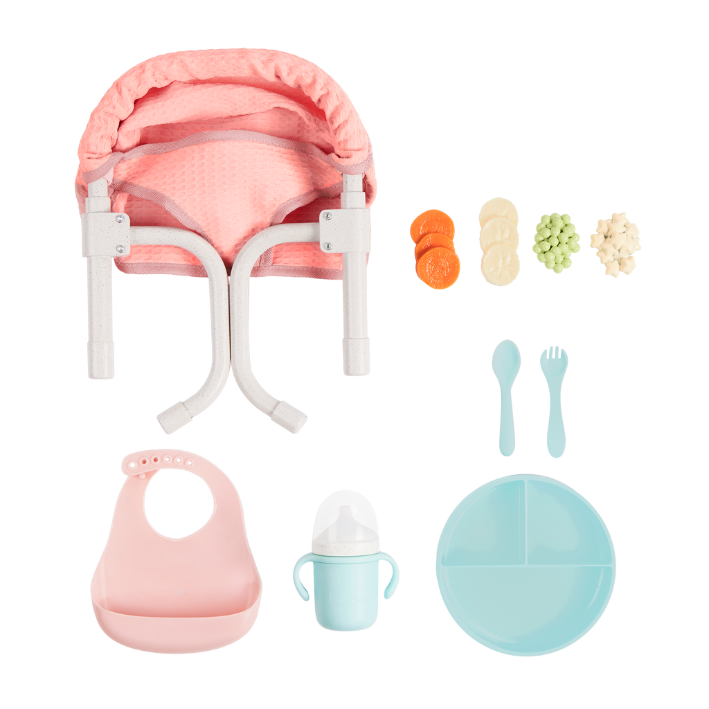 Clip On Table Seat and Feeding Set - Pink Clip On Seat for 36cm Baby Dolls - Feeding Accessories - LullaBaby UK