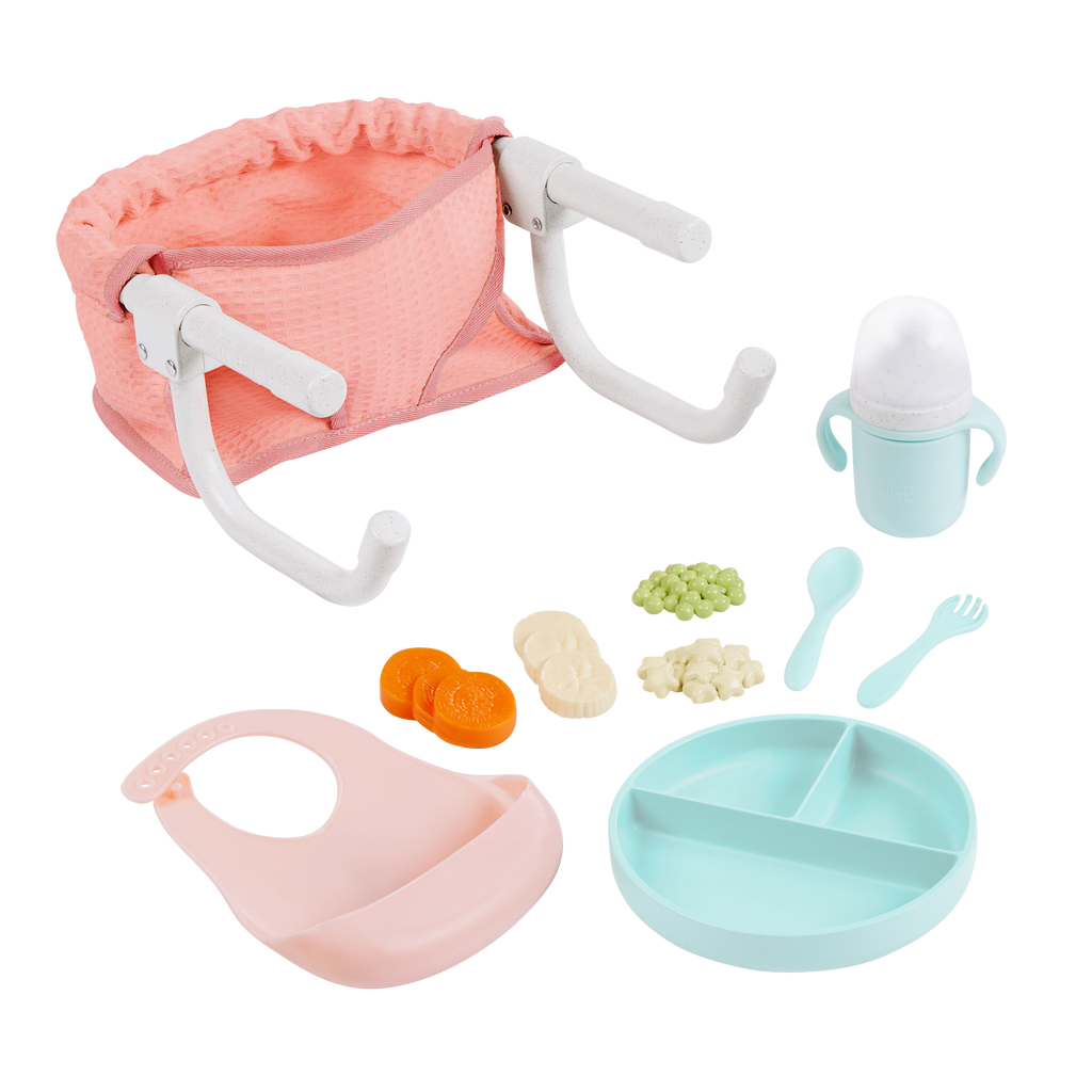 Clip On Table Seat and Feeding Set - Pink Clip On Seat for 36cm Baby Dolls - Feeding Accessories - LullaBaby UK