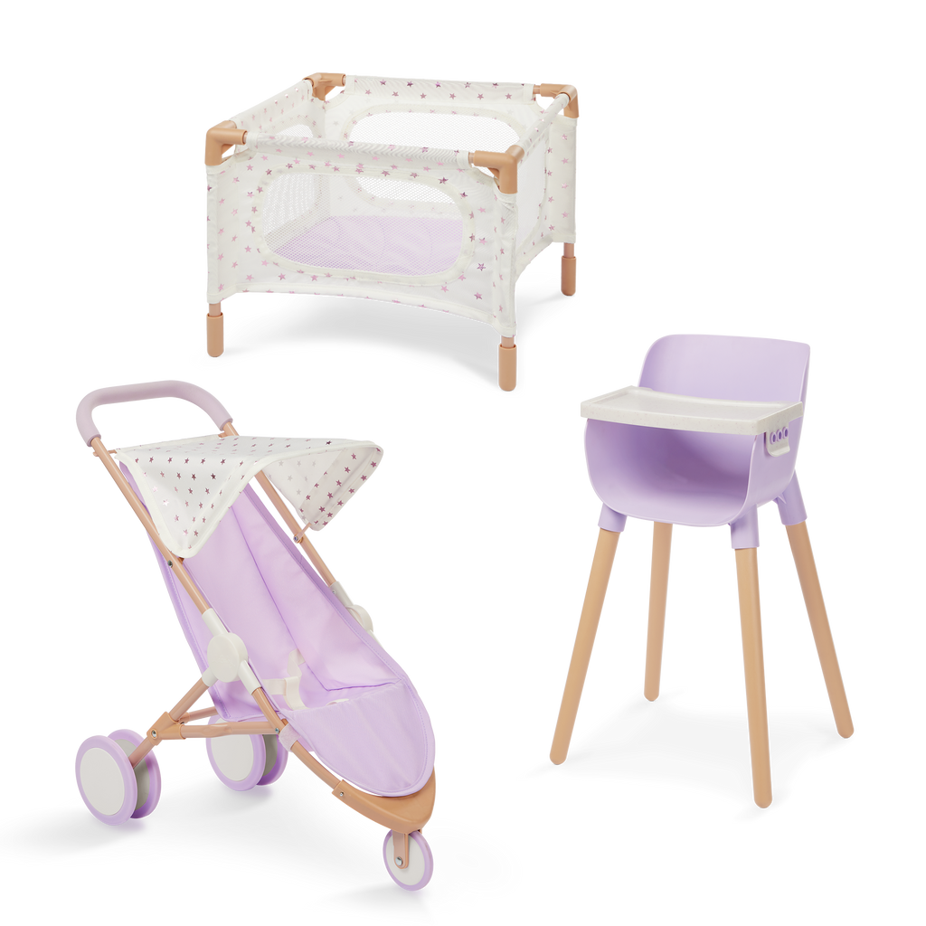 LullaBaby Doll Nursery Set - White & Lilac Coloured Nursery - Playpen, Jogger Pram & Highchair - Baby Doll Accessories - LullaBaby UK