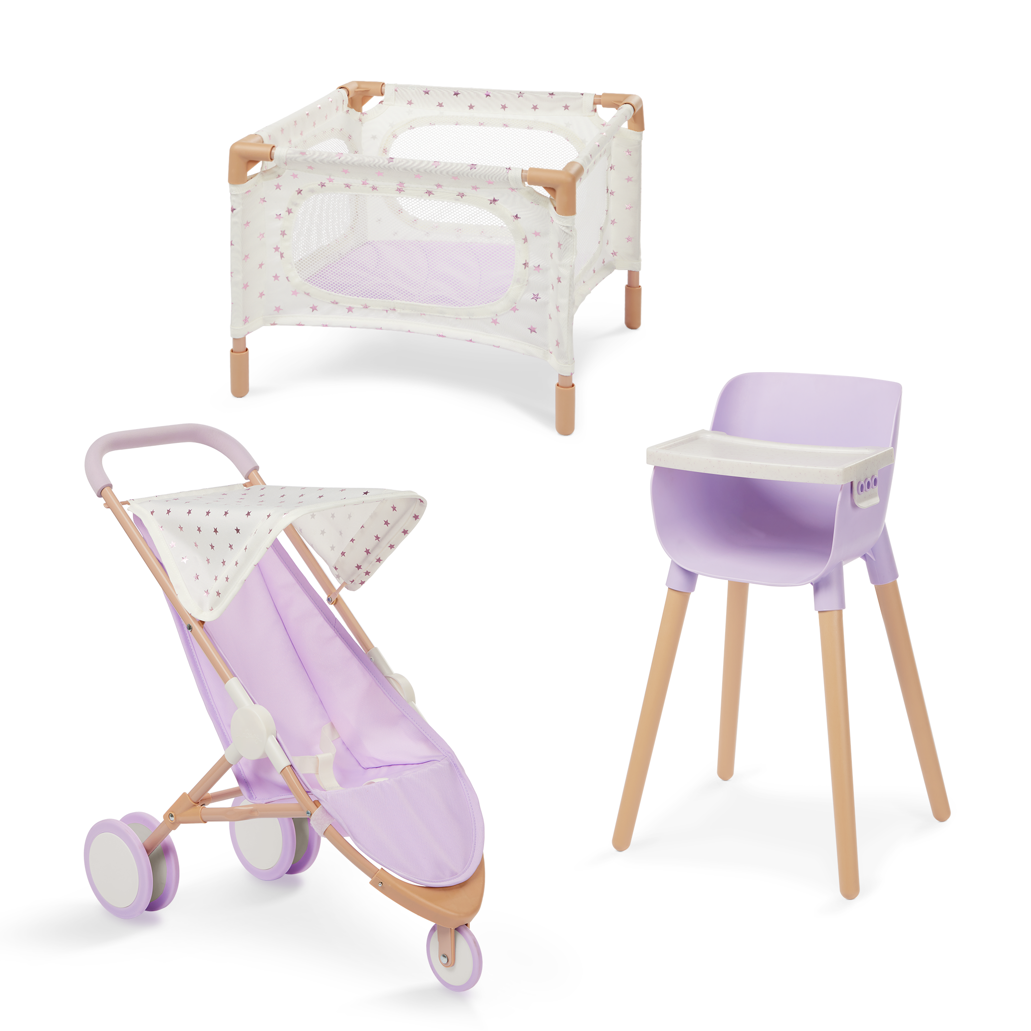 LullaBaby Doll Nursery Set - White & Lilac Coloured Nursery - Playpen, Jogger Pram & Highchair - Baby Doll Accessories - LullaBaby UK