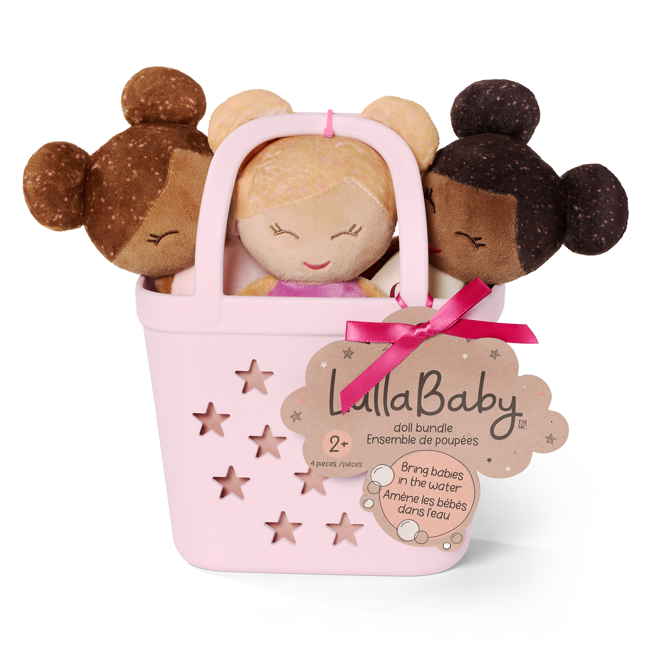 Bath Dolls Bundle - Set of 3 Bath Dolls in Pink Basket - Bath Toys for Kids - Gifts for Ages 2 Years + - LullaBaby Dolls