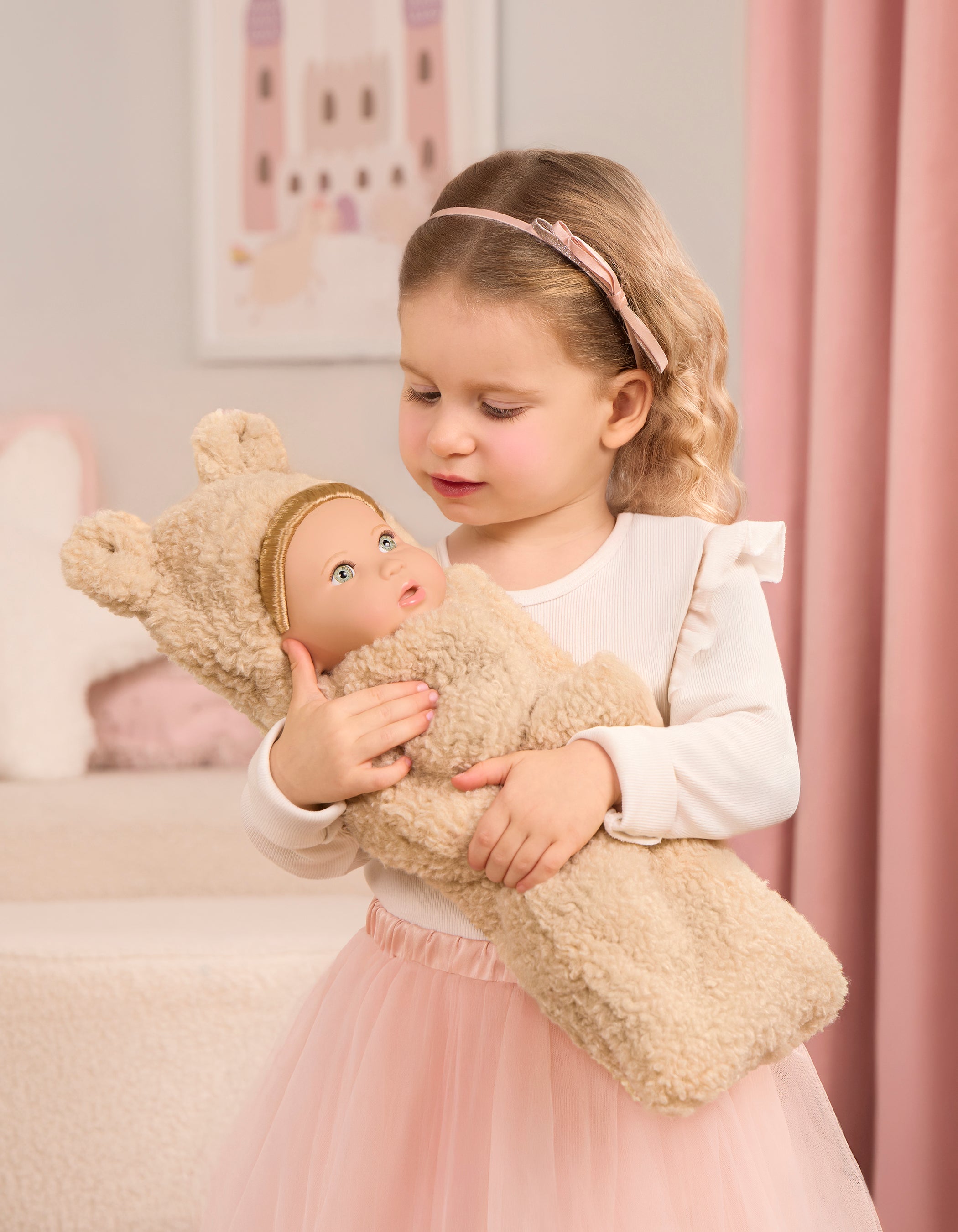 Baby Doll & Cuddler - 36cm Baby Doll with Hair - Brown Bear Style Cuddler - Gifts for Ages 2 Years + - LullaBaby UK