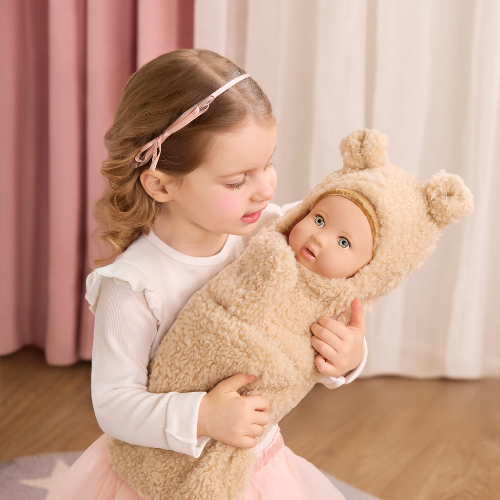 Baby Doll & Cuddler - 36cm Baby Doll with Hair - Brown Bear Style Cuddler - Gifts for Ages 2 Years + - LullaBaby UK